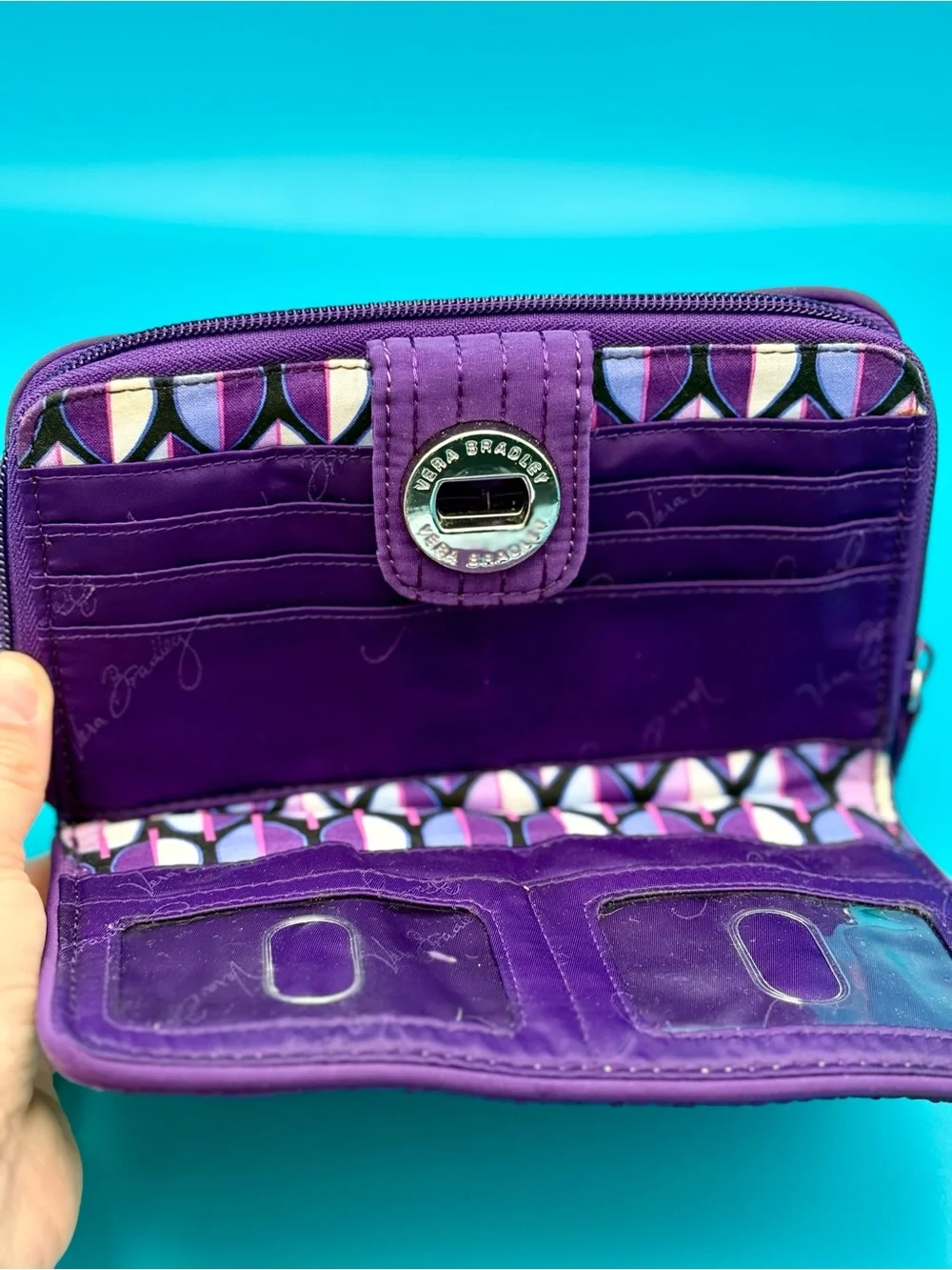 Vera Bradley Quilted Purple Zip Wallet with Turn-Lock Detail